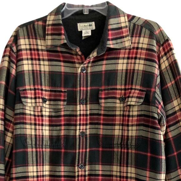 LL Bean Flannel Shacket Mens M Olive Plaid Fleece Lined Button Up Shirt Jacket - Picture 1 of 12
